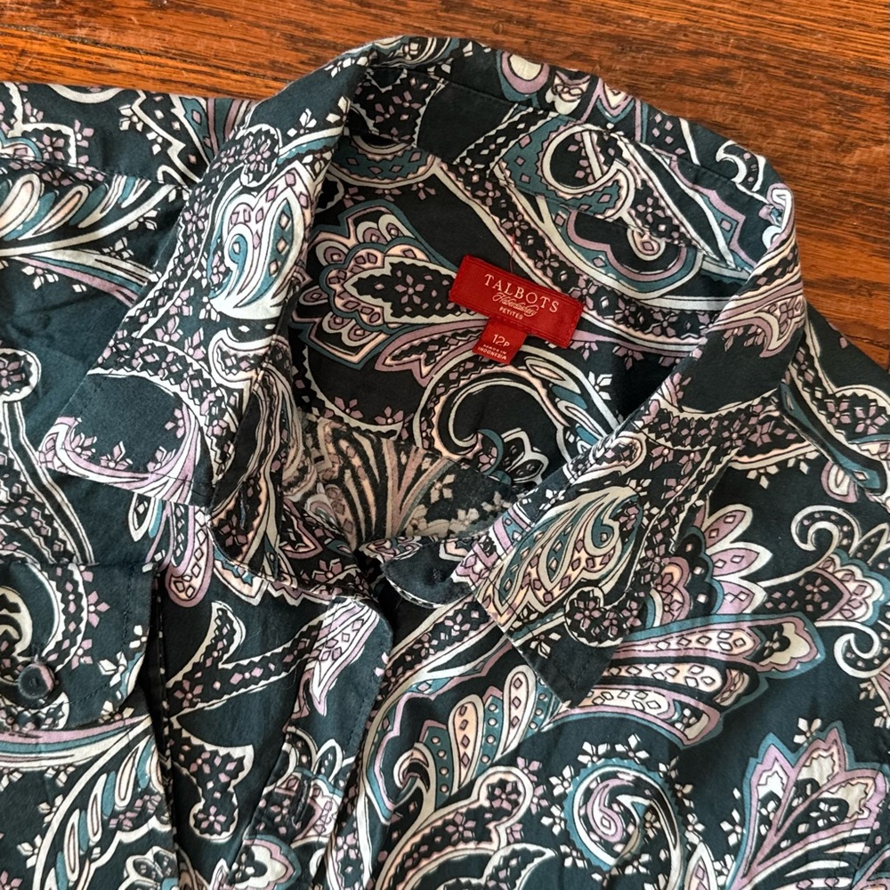 Talbots Petites‎ Paisley Button-Down Shirt Teal Green Size 12P